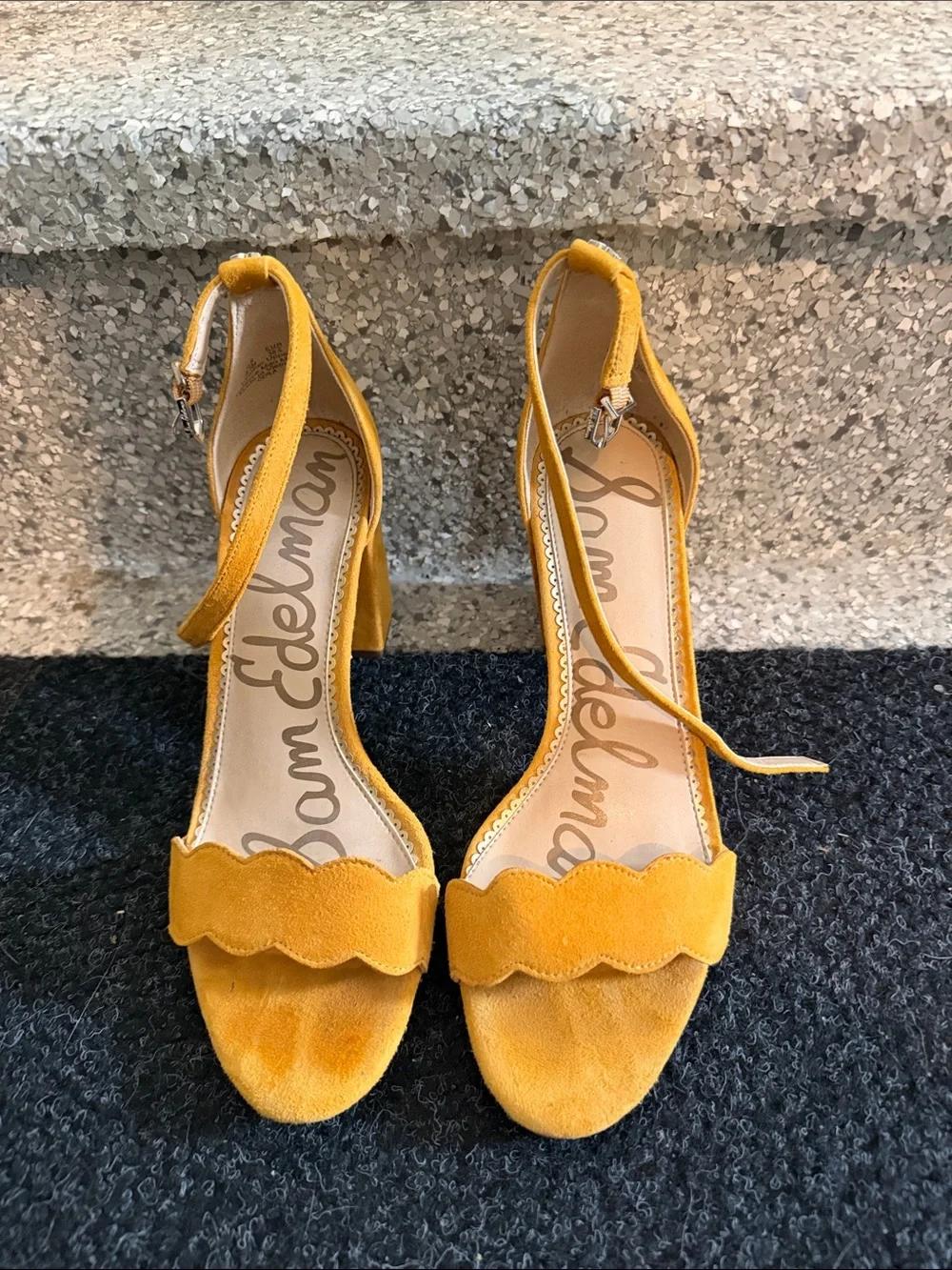 Sam Edelman Yellow Suede Scalloped Ankle-Strap Heels
